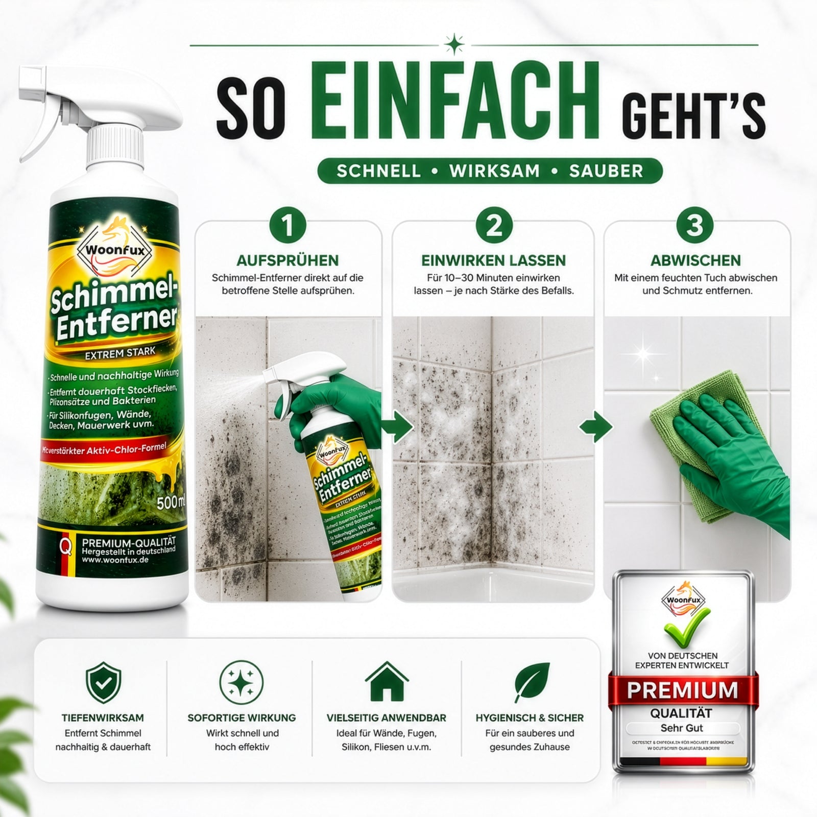 Anwendung von WOONFUX Schimmelentferner auf Fliesen und Fugen