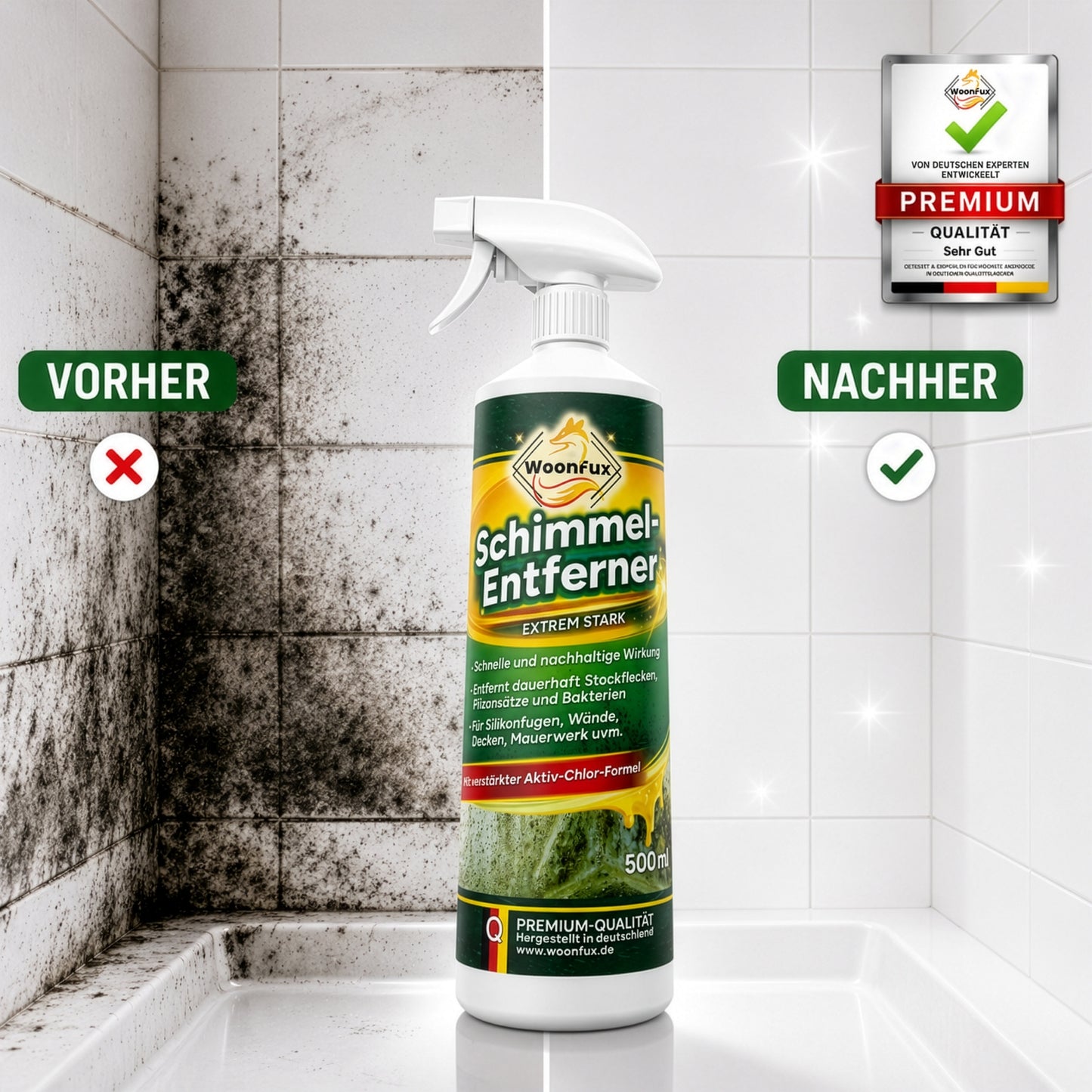 WOONFUX Schimmelentferner für Bad Dusche Fliesen Fugen Fenster Keller und Silikon